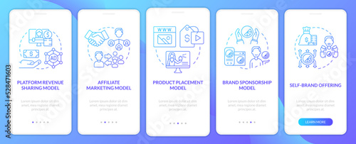 Creator business models blue gradient onboarding mobile app screen. Marketing walkthrough 5 steps graphic instructions with linear concepts. UI, UX, GUI template. Myriad Pro-Bold, Regular fonts used
