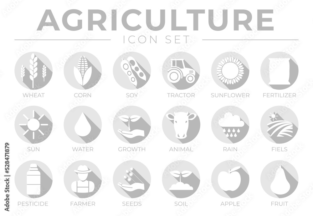 Light Grey Agriculture Round Icon Set of Wheat, Corn, Soy, Tractor, Sunflower, Fertilizer, Sun, Water, Growth, Animals, Rain, Fields, Pesticide, Farmer, Seeds, Soil, Apple, Fruit Icons. Light Grey Agriculture Round Icon Set of Wheat, Corn, Soy, Tractor, Sunflower, Fertilizer, Sun, Water, Growth, Animals, Rain, Fields, Pesticide, Farmer, Seeds, Soil, Apple, Fruit Icons.