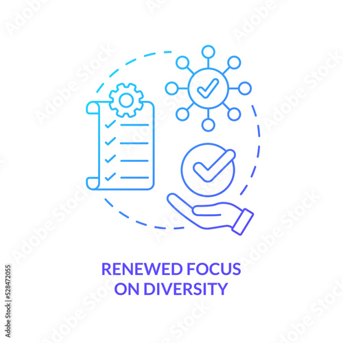 Renewed focus on diversity blue gradient concept icon. Social media inclusion. Social media trend abstract idea thin line illustration. Isolated outline drawing. Myriad Pro-Bold font used