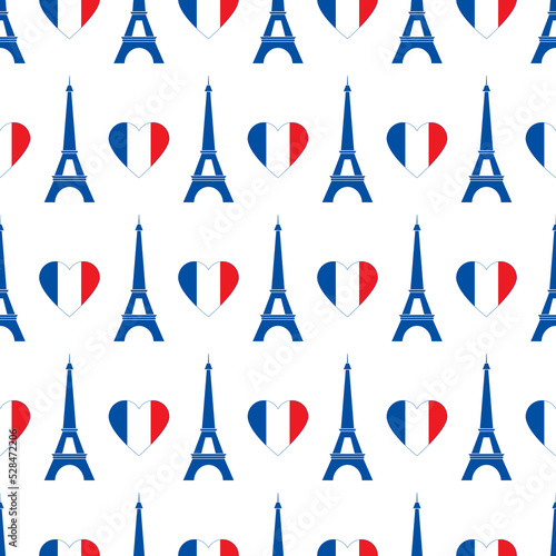 France seamless pattern. Romantic pattern with eiffel tower and heart. Symbol France in national color. Design for print on wallpaper, packing, wrapping paper, travel brochures. Vector illustration