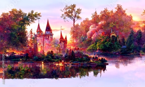 Old castle in a forest reflecting in a water of lake. Sunset sky. Beautiful natural wallpaper. Digital painting illustration.