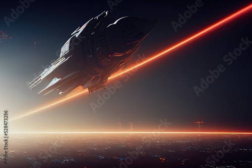 Futuristic spaceship flying over a city.