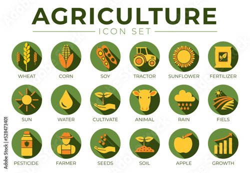 Colorful Agriculture Round Icon Set of Wheat, Corn, Soy, Tractor, Sunflower, Fertilizer, Sun, Water, Cultivate, Animal, Rain, Fields, Pesticide, Farmer, Seeds, Soil, Apple, Growth Icons.