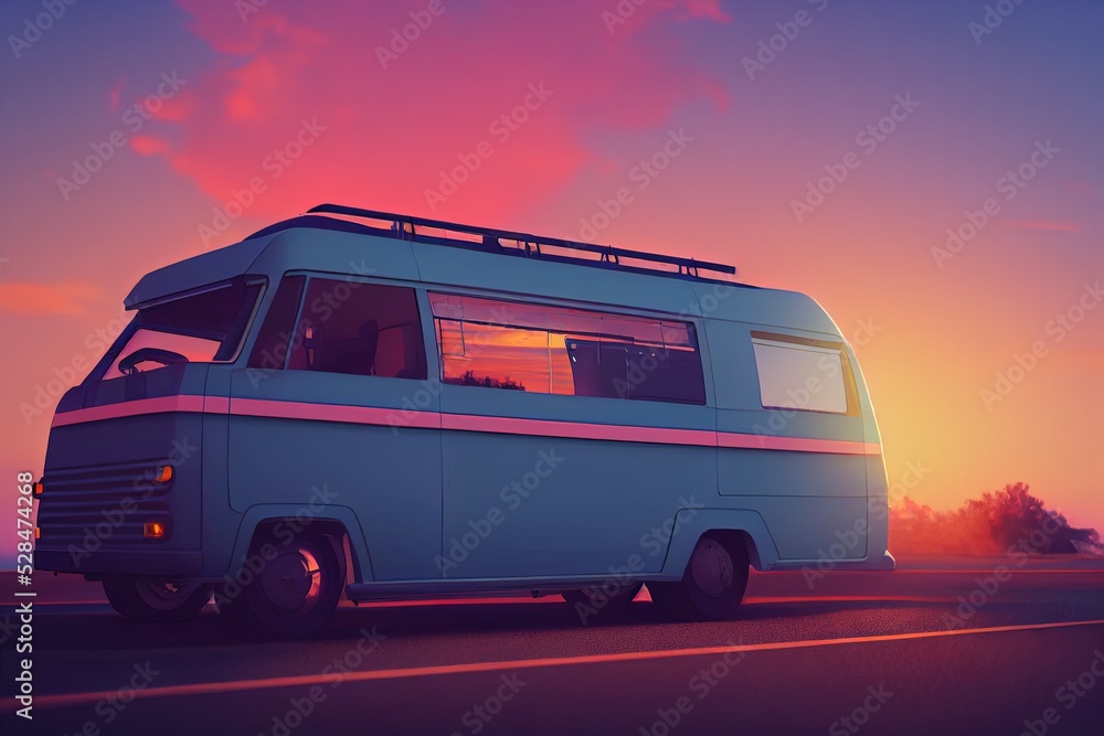 Travel van driving into the sunset. Adventure, van life, camping car on the road. Digital, cartoon illustration. Traveling, freedom feeling on road 66. 