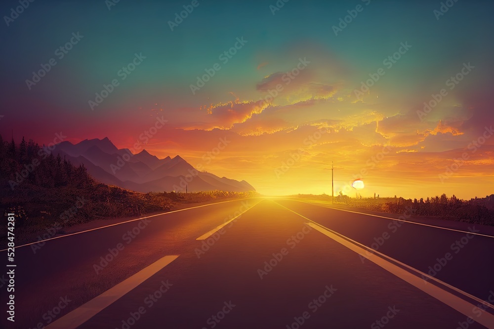 Travel van driving into the sunset. Adventure, van life, camping car on the road. Digital, cartoon illustration. Traveling, freedom feeling on road 66. 