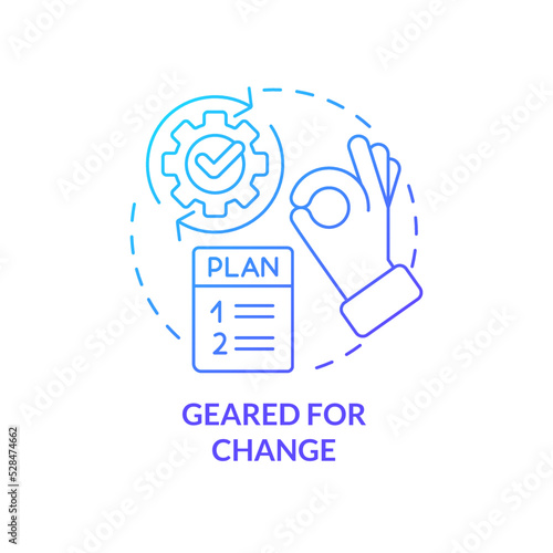 Geared for change blue gradient concept icon. Flexibility benefit. Key element of business plan abstract idea thin line illustration. Isolated outline drawing. Myriad Pro-Bold font used