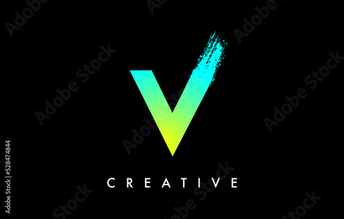 Letter V Logo Icon Design with Rounded Shape and Artistic Brush Stroke Ending and Green Blue Electric Color Vector
