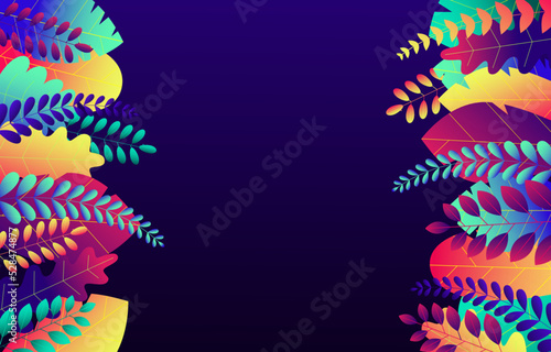 Trendy neon gradient plants and leaves background in flat style.