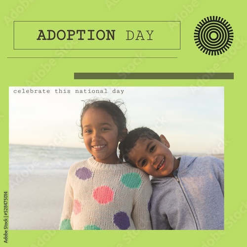 Composition of happy adoption day text with biracial children at beach