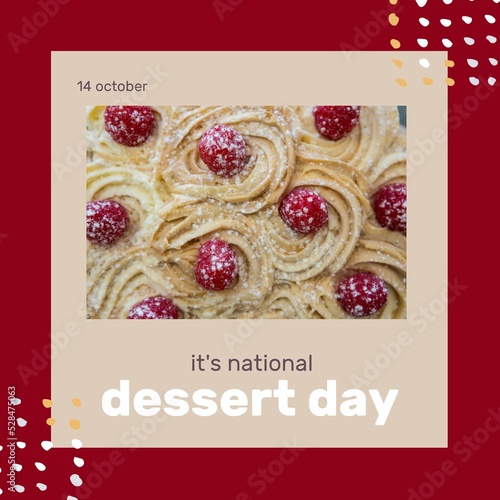 Composition of it's national dessert day text over cake on red background