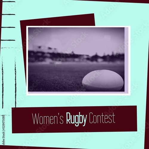 Composition of womens rugby contest text over sports stadium