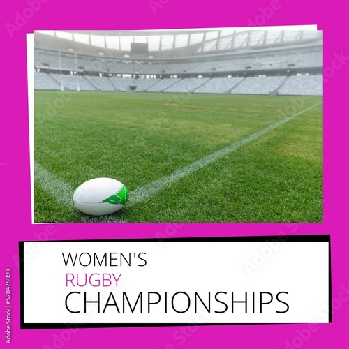 Composition of womens rugby championships text over sports stadium