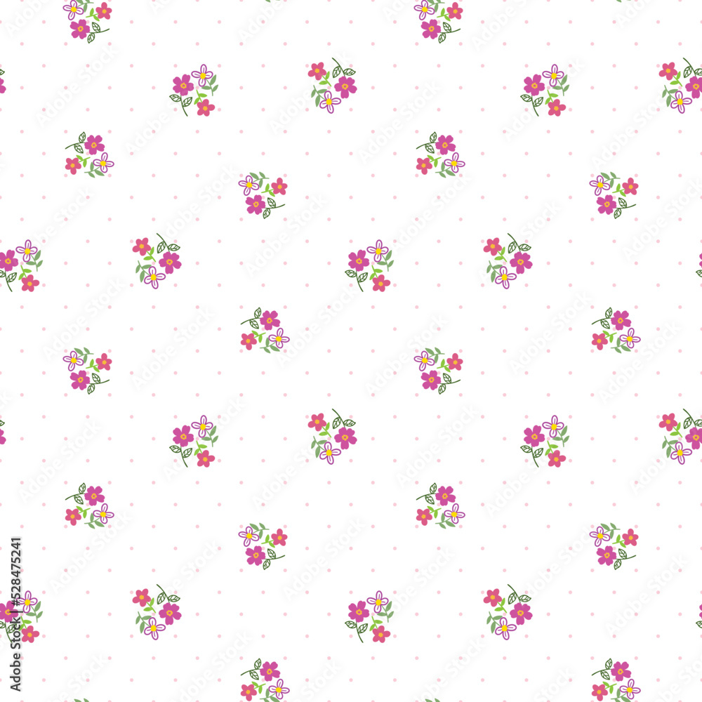 Seamless Pattern of Hand Drawn Flower Design on White Background with Pink Dots Seamless Pattern of Hand Drawn Flower Design on White Background with Pink Dots