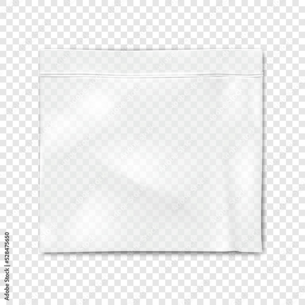 Clear vinyl resealable zipper pouch on transparent background vector mockup. Blank empty square