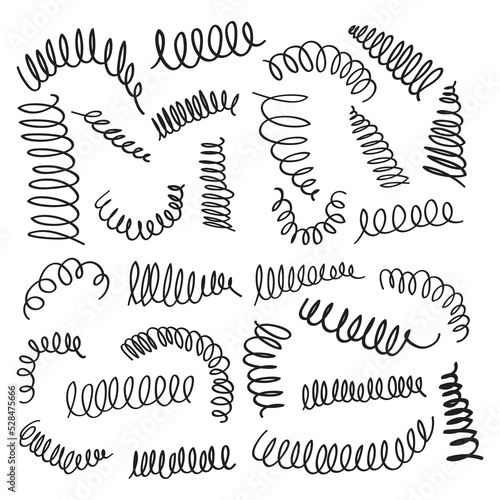 hand drawn spiral spring. Flexible coils, wire springs and metal coil spirals in doodle style
