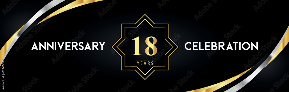 18th anniversary celebration with gold star frames and creative silver shapes on black background. Premium design for the ceremony, jubilee, birthday party, greeting card, wedding, and banner. 18th anniversary celebration with gold star frames and creative silver shapes on black background. Premium design for the ceremony, jubilee, birthday party, greeting card, wedding, and banner.