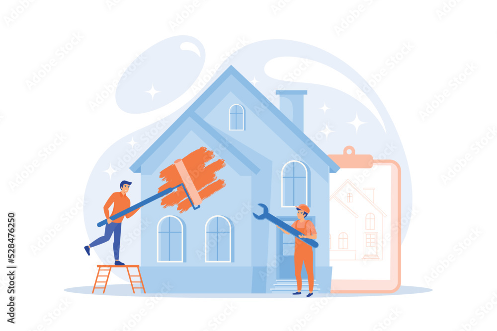 Workers with paintbrush and wrench improving the house. House renovation, property renovation, house remodeling and onstruction services concept. flat vector modern illustration Workers with paintbrush and wrench improving the house. House renovation, property renovation, house remodeling and onstruction services concept. flat vector modern illustration