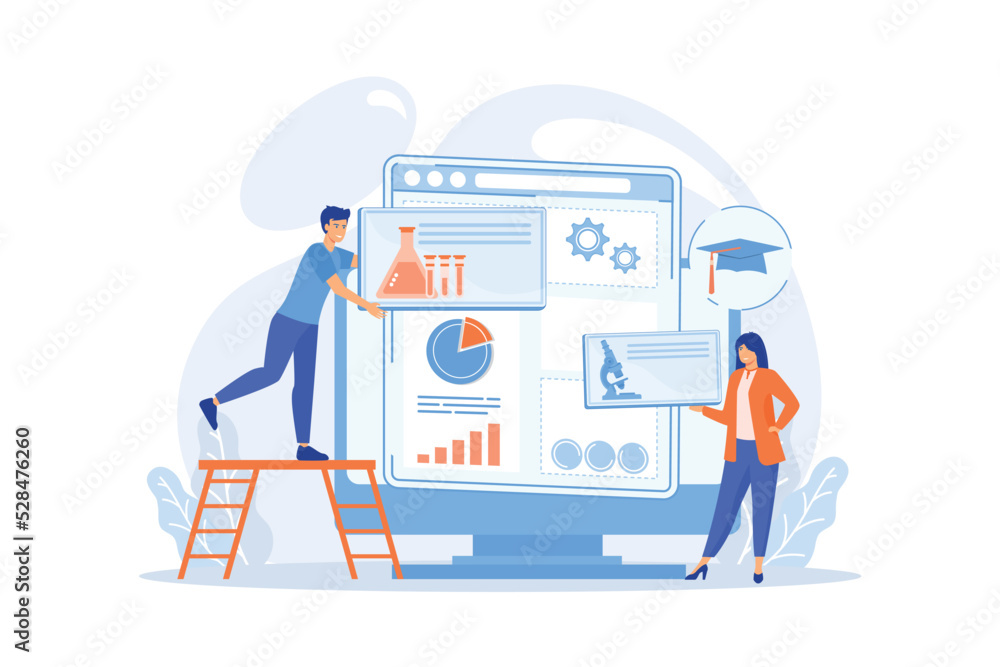 Educational courses management software on computer screen. Learning management system, educational technology, online learning delivery concept. flat vector modern illustration Educational courses management software on computer screen. Learning management system, educational technology, online learning delivery concept. flat vector modern illustration