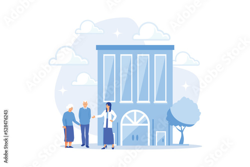 Skilled nurse and elderly people getting around-the-clock nursing care. Nursing home, nursing residential care, physical therapy service concept. flat vector modern illustration