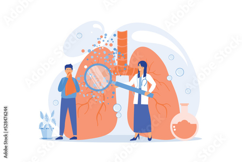 Male patient with anaphylactic symptoms and doctor with magnifier. Anaphylaxis, anaphylaxis shock treatment, allergic reaction help concept. flat vector modern illustration photo