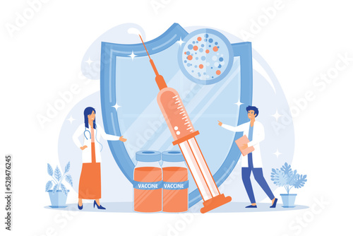 Tiny people doctors and syringe with vaccine, shield. Vaccination program, disease immunization vaccine, medical health protection concept. flat vector modern illustration