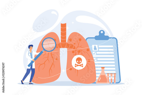 Doctor with magnifier and lungs with skull and crossbones. Lower respiratory infections, pneumonia, lungs infection concept on white background. flat vector modern illustration