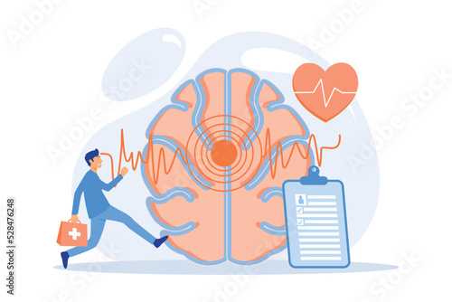 Huge brain with red circles pain epicenter and doctor running. Stroke and headache, oxygen-deprived brain and first aid concept on white background.flat vector modern illustration