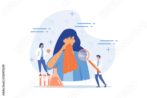 Female patient sneezing, taking a pill from doctor and allergen under magnifier. Allergic diseases, allergy reaction, antihistamines therapy concept. flat vector modern illustration