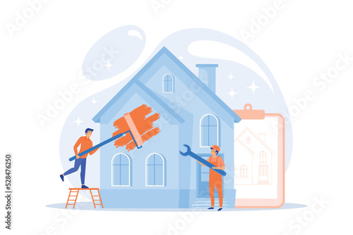 Workers with paintbrush and wrench improving the house. House renovation, property renovation, house remodeling and onstruction services concept. flat vector modern illustration