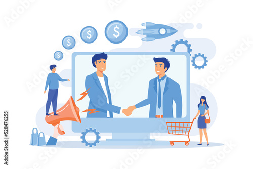 Profitable partnership, business partners cowork. Affiliate marketing, cost effective marketing solution, affiliate marketing management concept.flat vector modern illustration