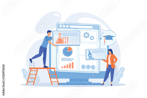 Educational courses management software on computer screen. Learning management system, educational technology, online learning delivery concept. flat vector modern illustration