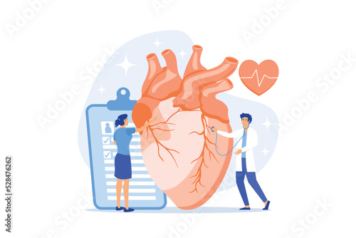 Doctor with stethoscope listening to huge heart beat. Ischemic heart disease, heart disease and coronary artery disease concept on white background. flat vector modern illustration