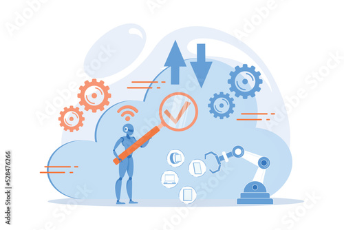 Robot studying cloud technology through magnifier. Artificial intelligence, machine learning, cloud computing, robot thinking concept. flat vector modern illustration