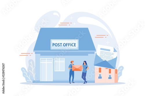 Documents, letters express courier delivering. Postal services. Post office services, post delivery agent, post office card accounts concept. flat vector modern illustration
