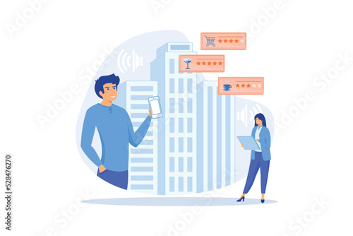 People checking cafe, bar and retail shop rates and ranks with smartphones. Intelligent service systems, smart navigation, IoT and smart city concept. flat vector modern illustration