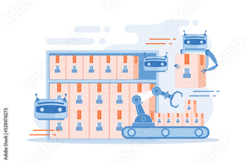 Storehouse automatic packages loading technology. Warehousing robotization, warehouse robotics engineering, self-driving forklifts concept. flat vector modern illustration