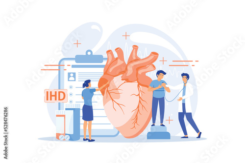 Circulatory system complications. Cardiologists studying human organ. Heart disease, ischemic heart disease, coronary artery disease concept.flat vector modern illustration