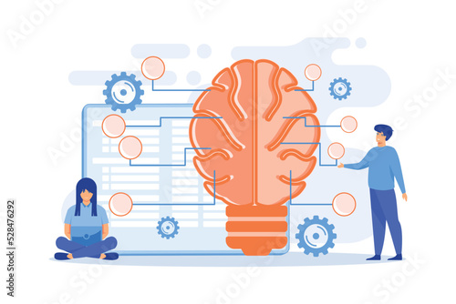 Big brain with circuit and programmers. Artificial intelligence, machine learning and data science, cognitive computing concept on white background. flat vector modern illustration