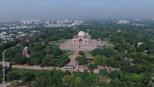 4k Aerial Drone shot of Humayun's tomb in New Delhi capital city of India photo