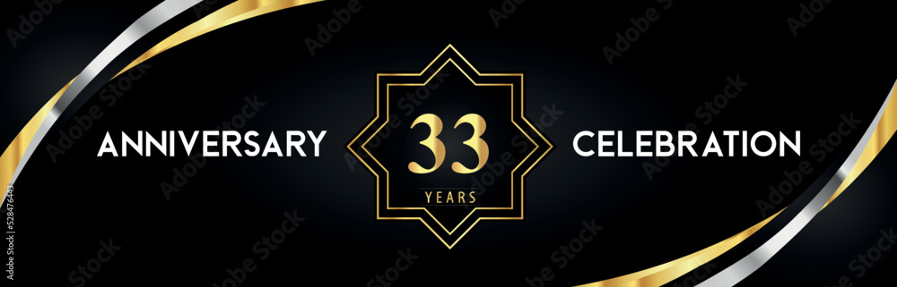 33th anniversary celebration with gold star frames and creative silver shapes on black background. Premium design for the ceremony, jubilee, birthday party, greeting card, wedding, and banner. 33th anniversary celebration with gold star frames and creative silver shapes on black background. Premium design for the ceremony, jubilee, birthday party, greeting card, wedding, and banner.