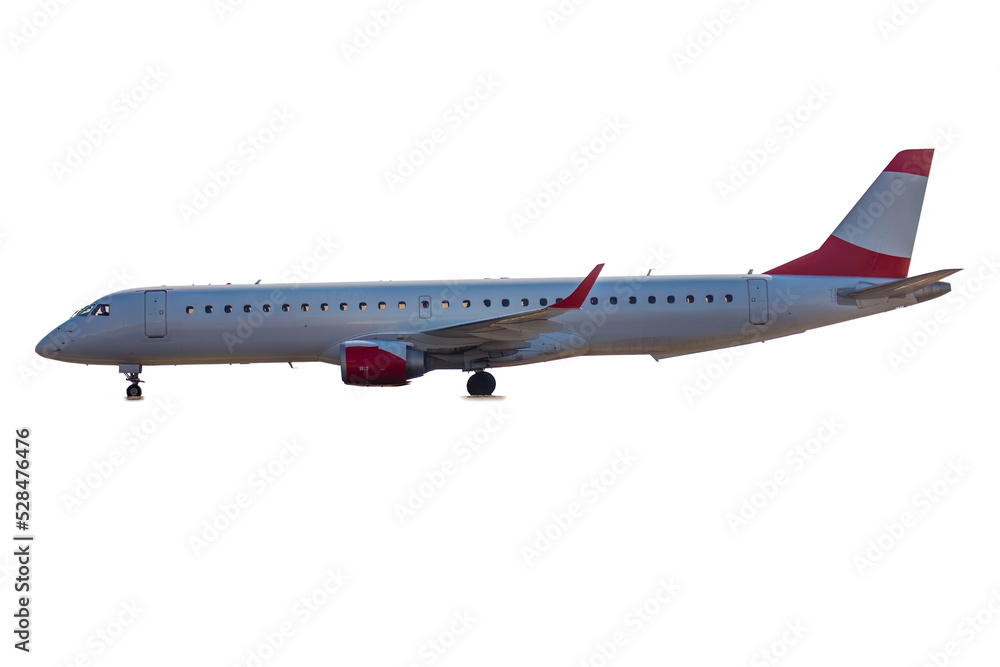 Fototapeta premium Slide view of jet aircraft, isolated. modern jet airplane with body prepare for landing isolated on white background