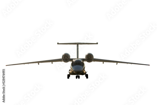 Slide view of jet aircraft, isolated. modern jet airplane with body prepare for landing isolated on white background