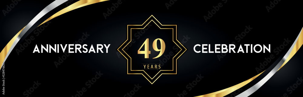 49th anniversary celebration with gold star frames and creative silver shapes on black background. Premium design for the ceremony, jubilee, birthday party, greeting card, wedding, and banner. 49th anniversary celebration with gold star frames and creative silver shapes on black background. Premium design for the ceremony, jubilee, birthday party, greeting card, wedding, and banner.
