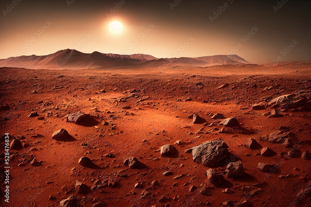 Fototapeta premium Planet mars, photography on land, 3d render. Mars, red landscape.