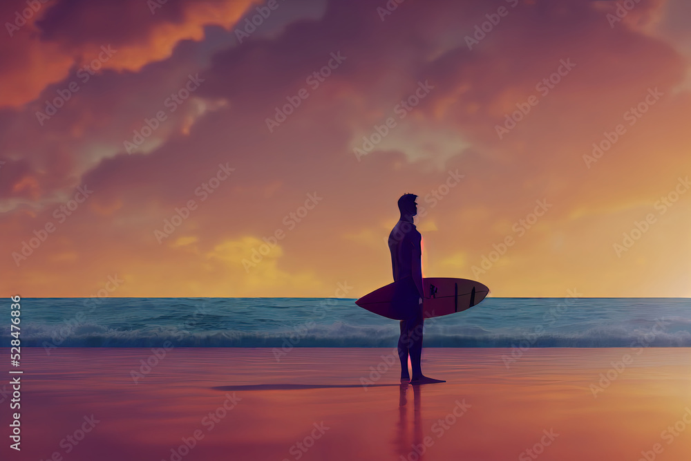 Silhouette of a surfer with his surfboard on the beach looking at the sunset, the sand, the waves and the clouds.