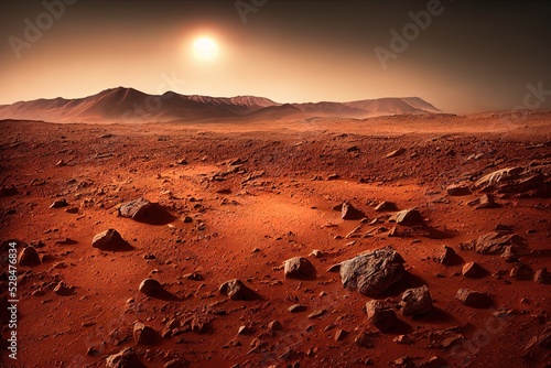 Planet mars, photography on land, 3d render. Mars, red landscape.