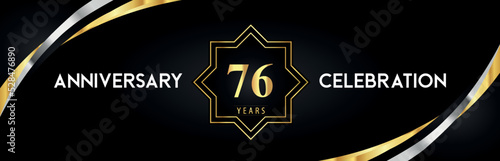 76th anniversary celebration with gold star frames and creative silver shapes on black background. Premium design for the ceremony, jubilee, birthday party, greeting card, wedding, and banner.