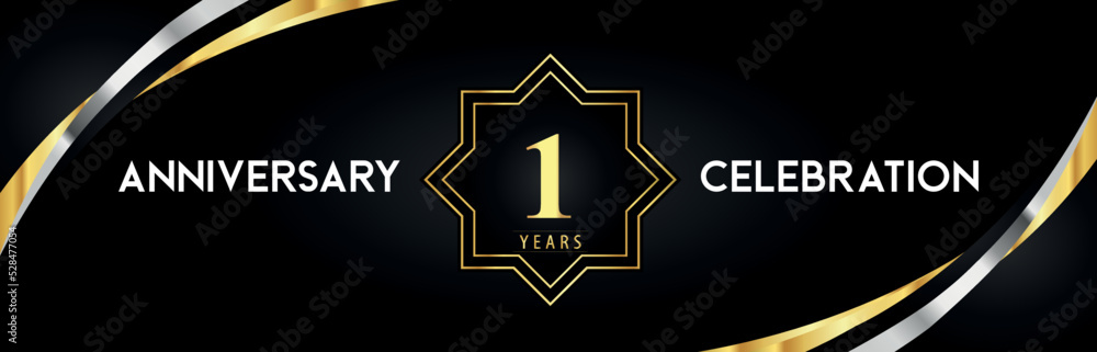 1st anniversary celebration with gold star frames and creative silver shapes on black background. Premium design for the ceremony, jubilee, birthday party, greeting card, wedding, and banner. 1st anniversary celebration with gold star frames and creative silver shapes on black background. Premium design for the ceremony, jubilee, birthday party, greeting card, wedding, and banner.