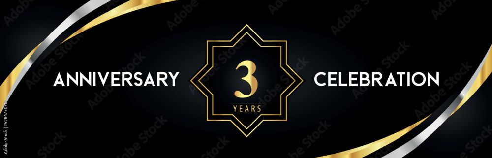 3rd anniversary celebration with gold star frames and creative silver shapes on black background. Premium design for the ceremony, jubilee, birthday party, greeting card, wedding, and banner. 3rd anniversary celebration with gold star frames and creative silver shapes on black background. Premium design for the ceremony, jubilee, birthday party, greeting card, wedding, and banner.