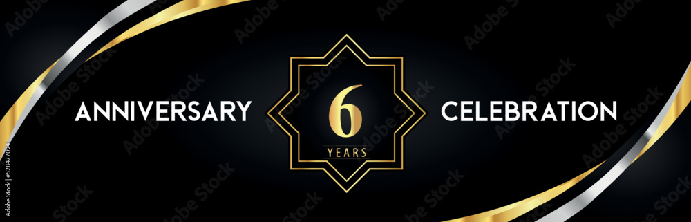 6th anniversary celebration with gold star frames and creative silver shapes on black background. Premium design for the ceremony, jubilee, birthday party, greeting card, wedding, and banner. 6th anniversary celebration with gold star frames and creative silver shapes on black background. Premium design for the ceremony, jubilee, birthday party, greeting card, wedding, and banner.